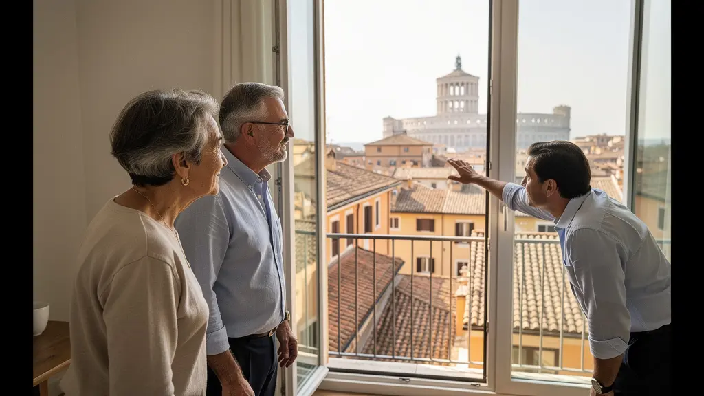 Coppia europea visita appartamento a Roma con agente immobiliare per investimento