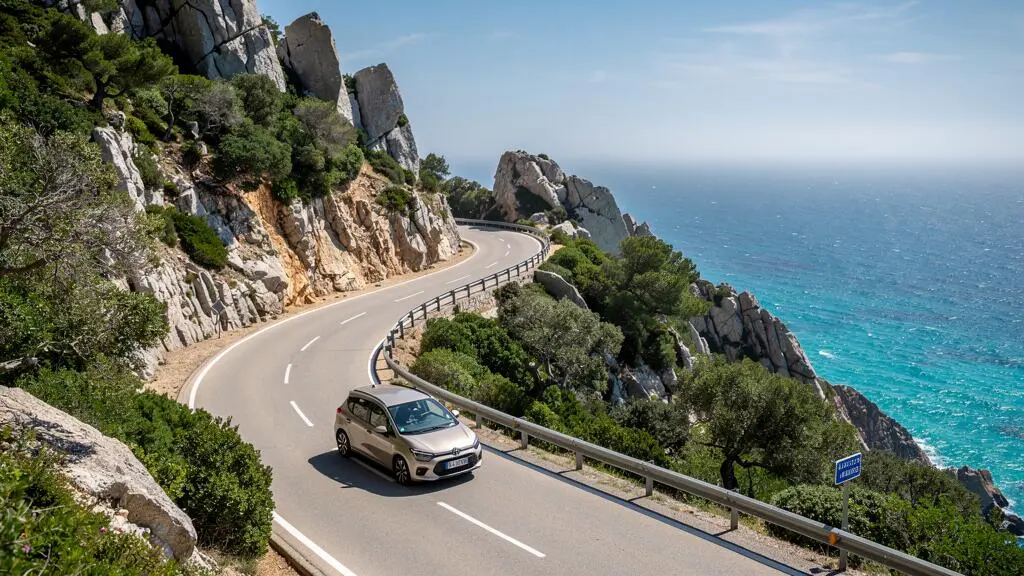 Auto familiare che percorre una strada di montagna tortuosa lungo la costa corsa con vista sul mare