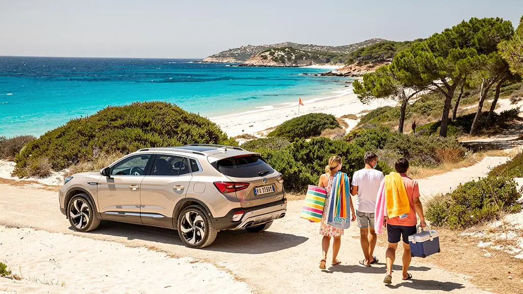 Famiglia che cammina dalla propria auto parcheggiata verso una spiaggia di sabbia bianca in Sardegna portando attrezzatura da mare