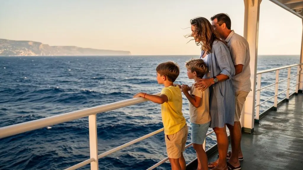 Famiglia italiana in piedi alla ringhiera del ponte di un traghetto che guarda il Mar Mediterraneo durante la traversata