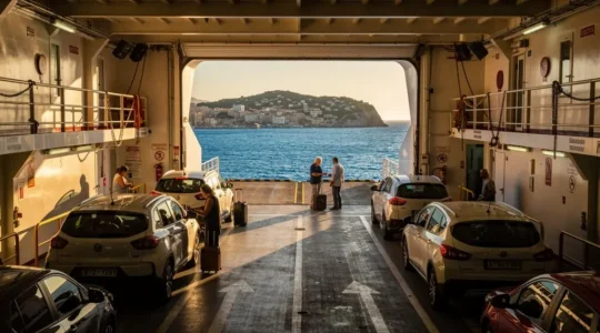 Ponte garage di un traghetto mediterraneo con auto parcheggiate e passeggeri che si preparano all'arrivo al porto di un'isola italiana