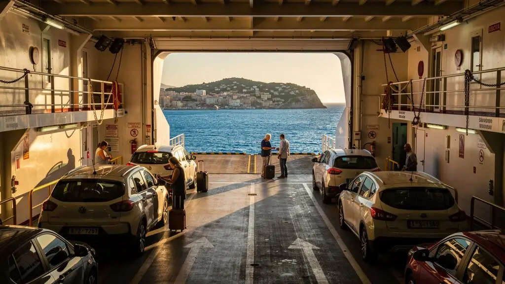 Ponte garage di un traghetto mediterraneo con auto parcheggiate e passeggeri che si preparano all'arrivo al porto di un'isola italiana